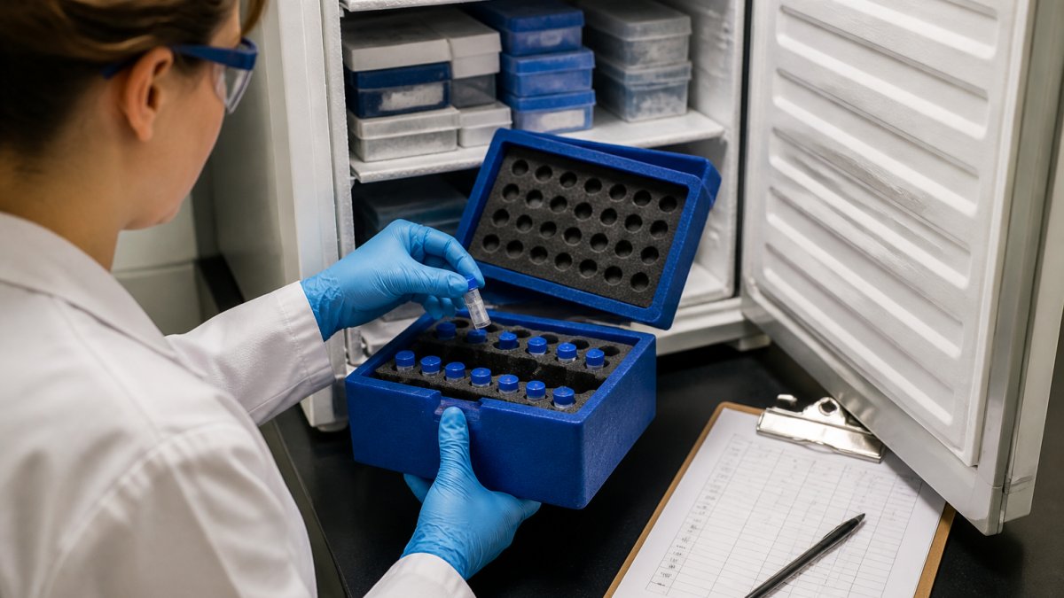 Researcher placing labeled vials into a foam case for organized peptide storage in a laboratory refrigerator.