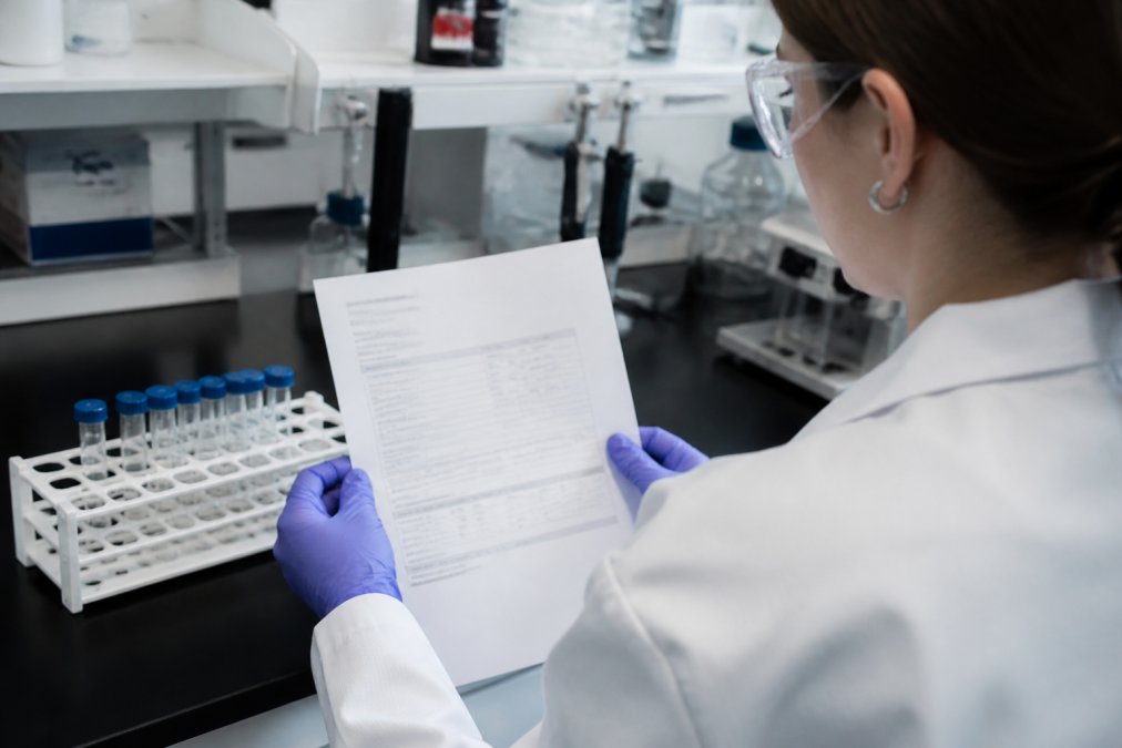 Laboratory researcher reviewing a peptide documentation Certificate of Analysis at a clean benchtop