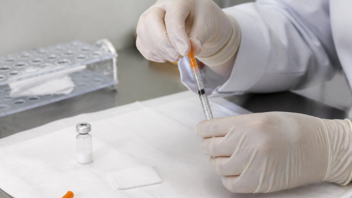Researcher preparing a subcutaneous injection for precise peptide dosage at a clean laboratory bench