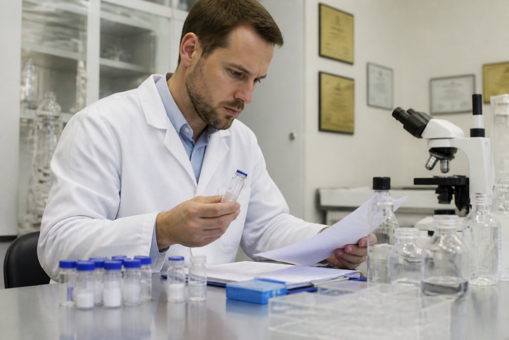 Professional researcher in laboratory coat reviewing quality assurance documents and peptide vials at a workbench, with certification papers and testing equipment visible in natural laboratory lighting