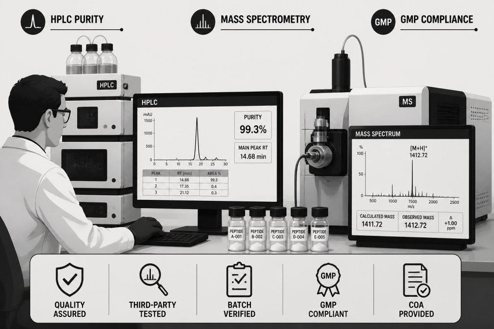 Technician in laboratory attire monitoring HPLC analytical equipment with digital display showing test results, peptide vials and mass spectrometry apparatus visible on the workbench with professional laboratory lighting