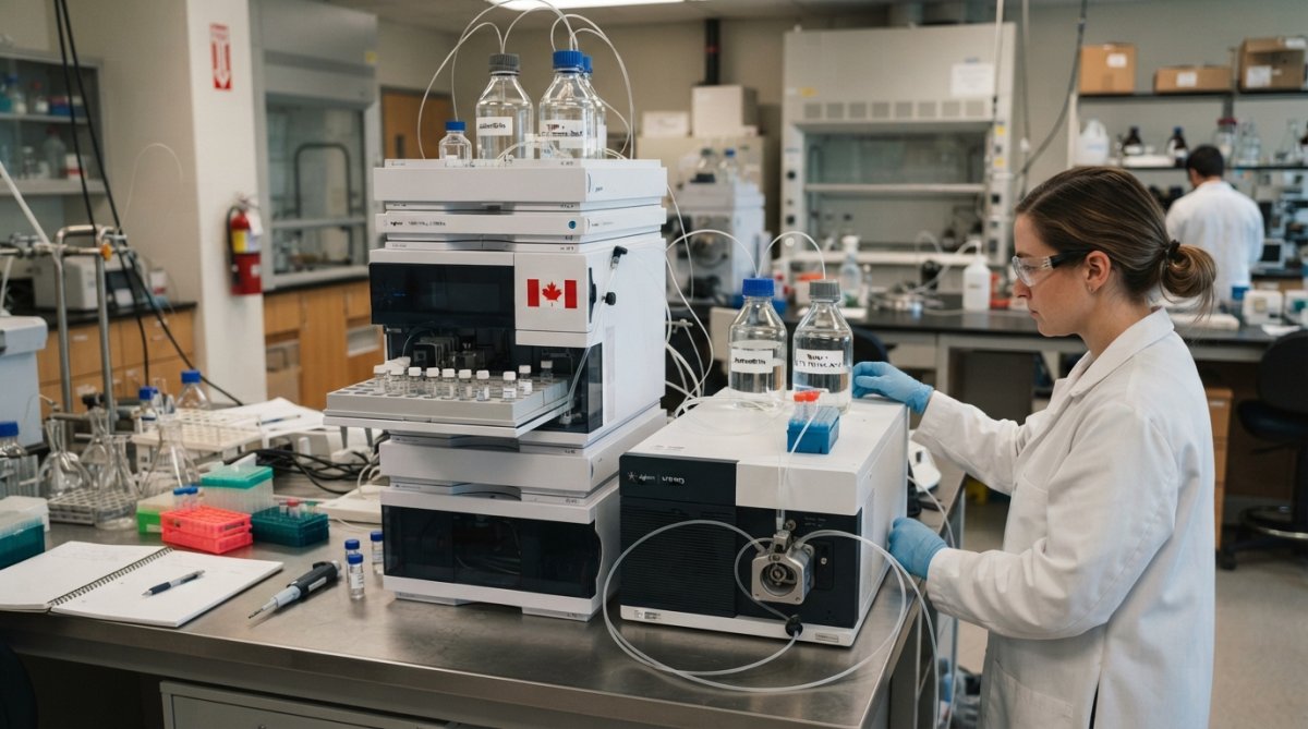Laboratory technician examining HPLC chromatogram data on computer screen, with analytical equipment visible in background of modern research facility