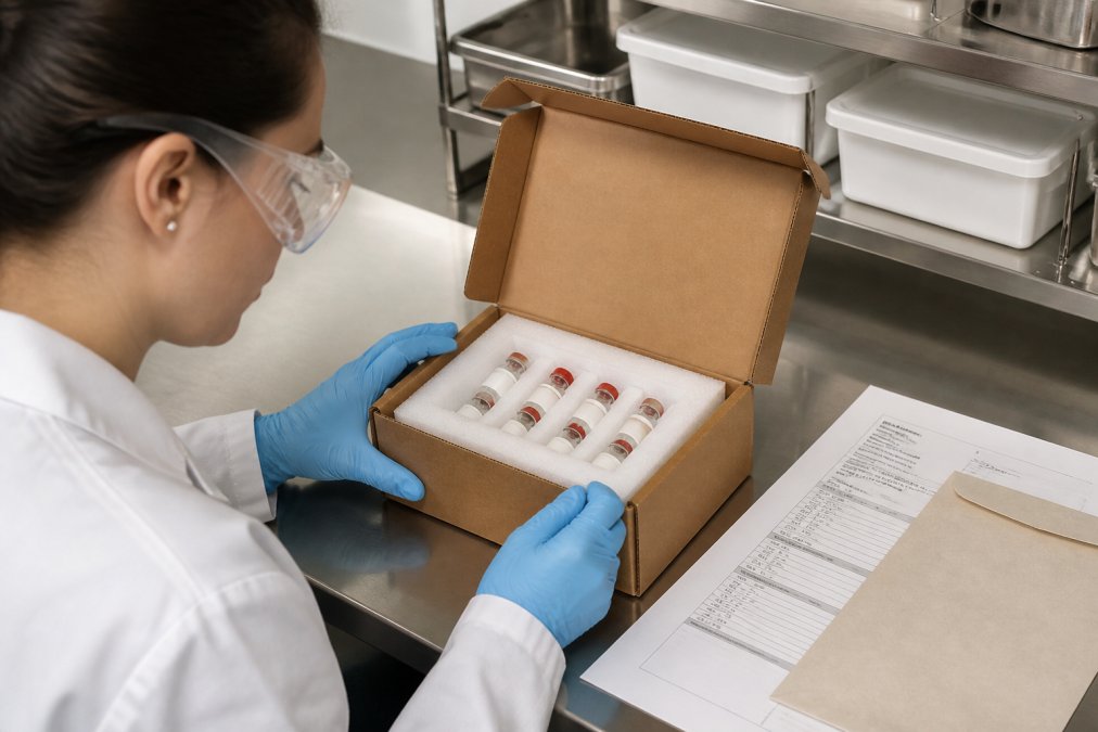 A laboratory technician in gloves and safety glasses carefully inspecting a sealed shipping box containing vials of research peptides on a clean bench, with customs paperwork and a certificate of analysis visible beside the package