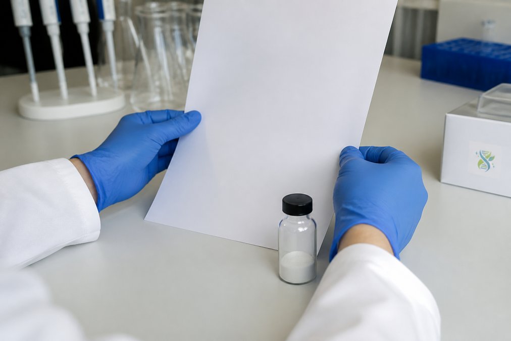 Close-up of a researcher's gloved hands holding a printed Certificate of Analysis document next to a laboratory vial of lyophilized peptide powder on a clean lab bench