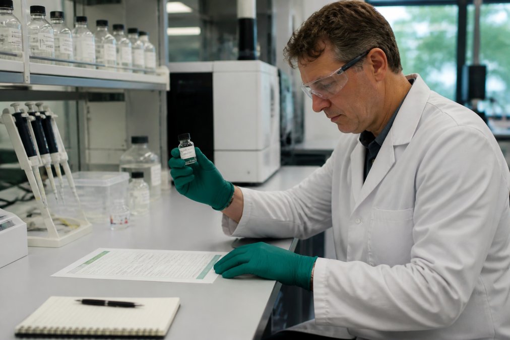 A researcher in a white lab coat and nitrile gloves examining a small labelled vial beside a printed certificate of analysis on a clean laboratory bench, pipette and notebook nearby, soft overhead lighting