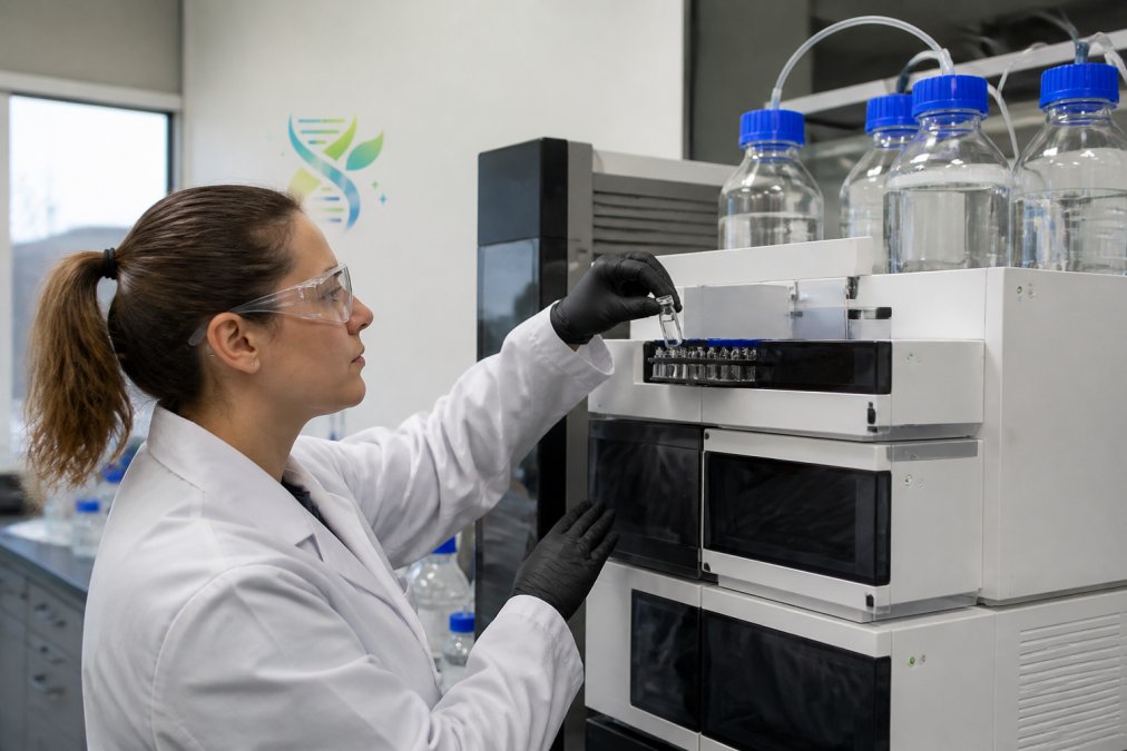 Scientist using HPLC to analyze research grade peptides for purity testing and quality assurance.