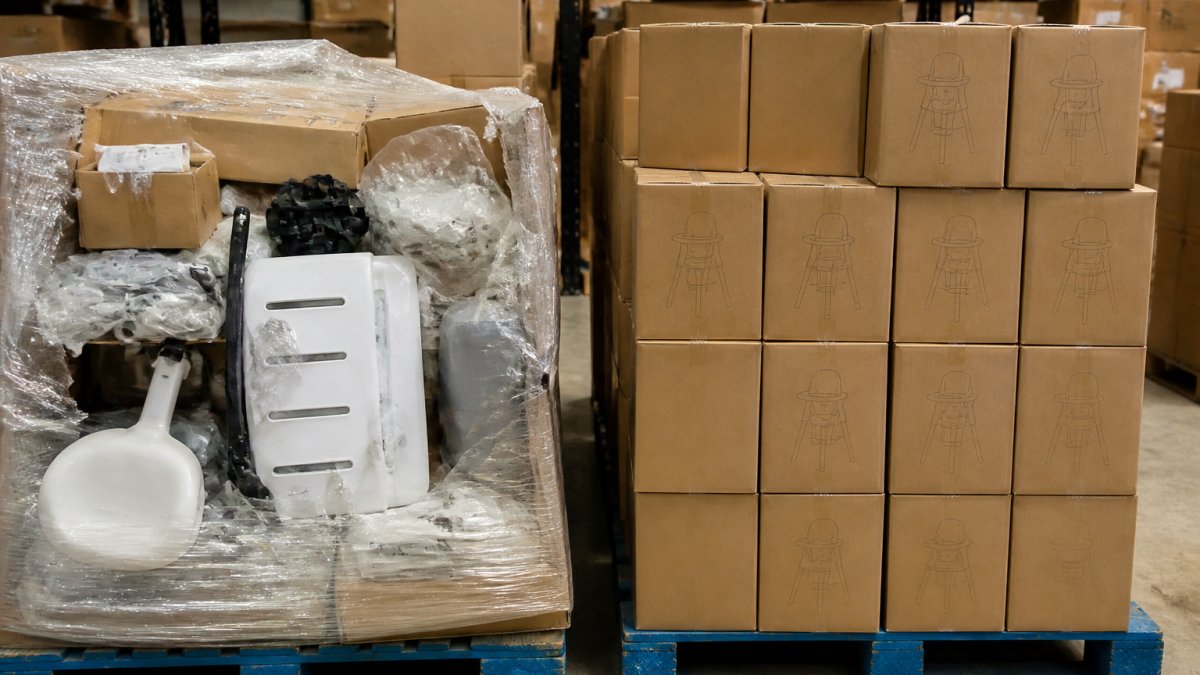 A liquidation reseller in a warehouse aisle inspecting an open pallet of returned merchandise with a clipboard and phone, boxes stacked around them, overhead fluorescent lighting