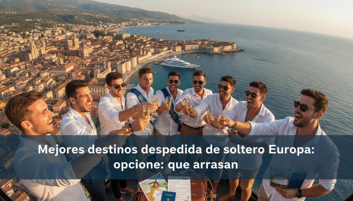 Vista aérea de una ciudad costera europea vibrante al atardecer, con un grupo de jóvenes celebrando en una terraza con vistas al mar, luces cálidas y ambiente festivo