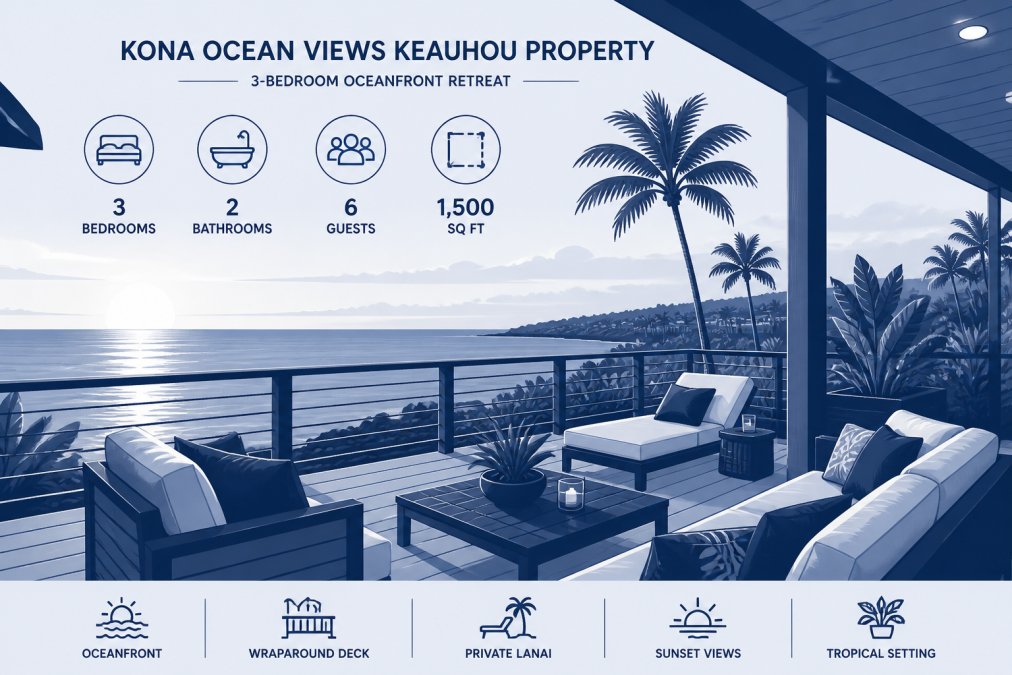Wide-angle view of a modern oceanfront lanai at golden hour, showing comfortable lounge seating, the Pacific Ocean stretching to the horizon, wraparound deck railings, and tropical plants in soft evening light