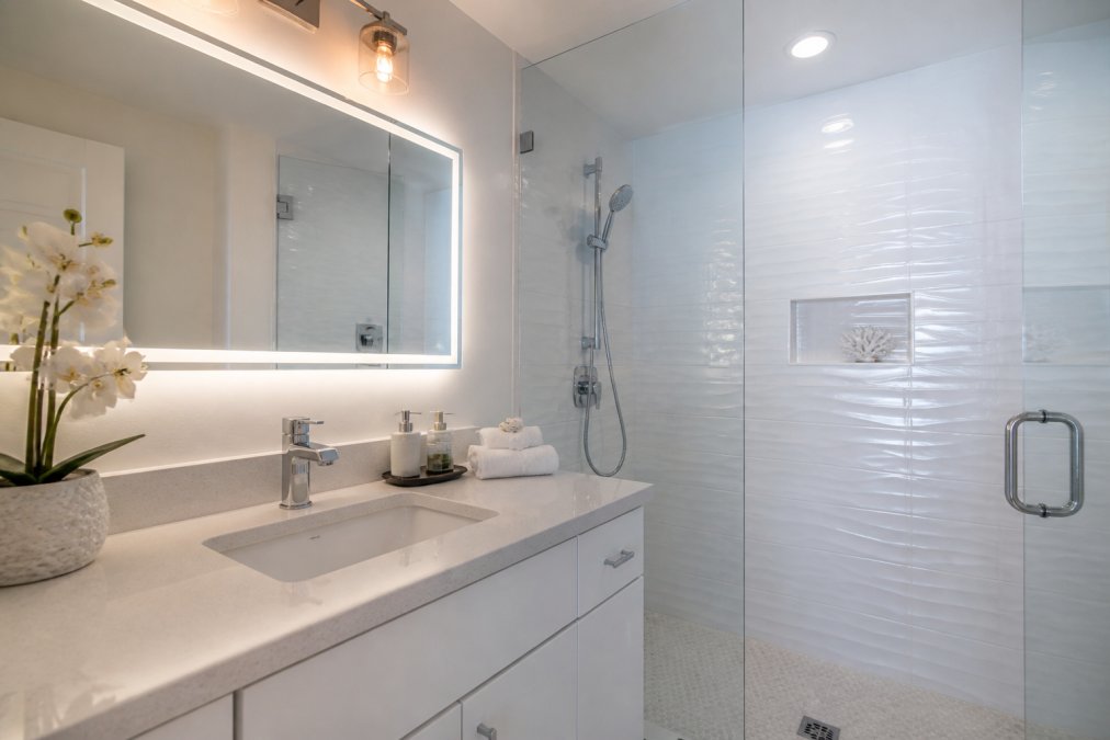 Renovated spa-like bathroom with gleaming quartz countertops, custom glass shower door, modern chrome fixtures, soft ambient lighting, and pristine white tile walls