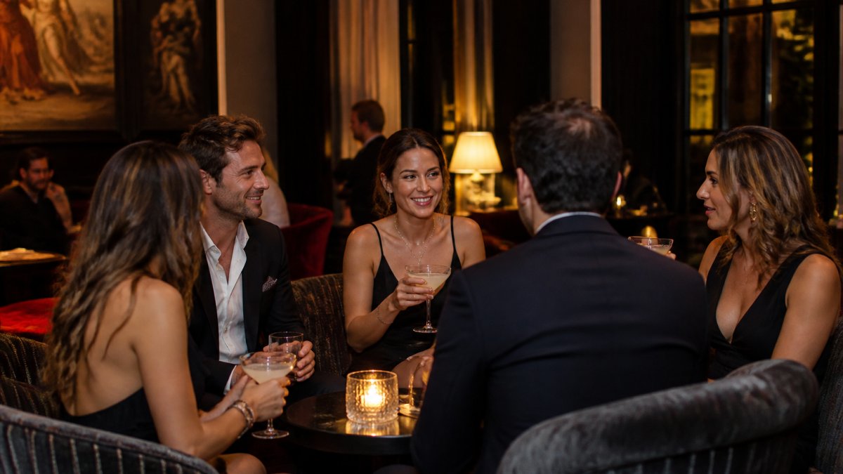 Elegantly dressed guests gathered around a reserved table in a sophisticated lounge with warm ambient lighting, cocktails in hand, intimate conversation happening, modern French-inspired decor visible in background