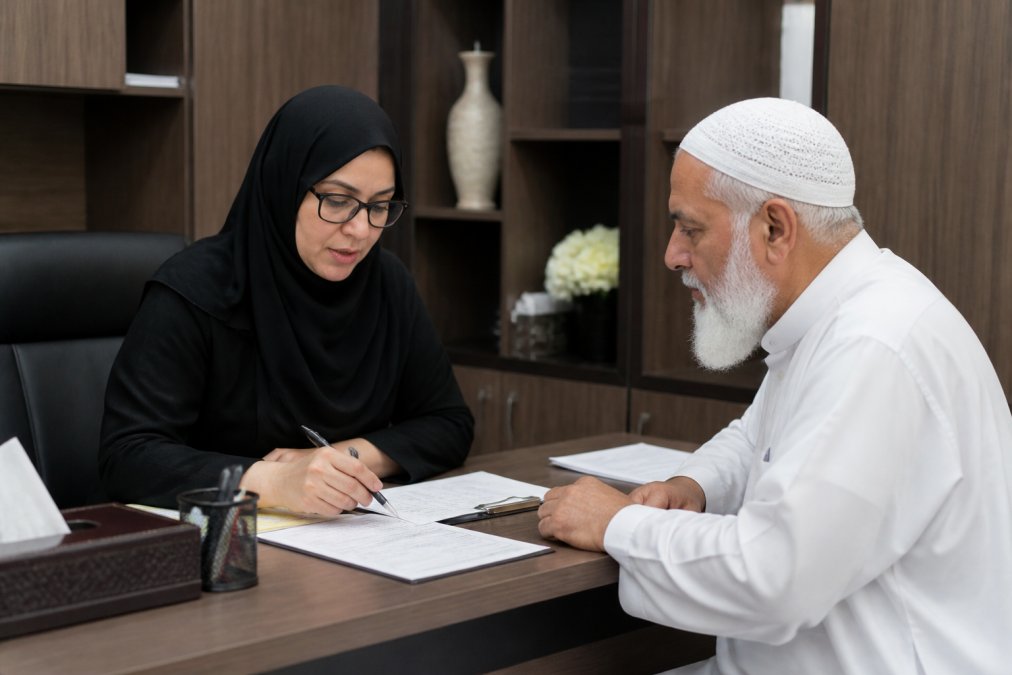 Conseiller expert accompagnant un pèlerin pour réserver forfait hajj sécurisé via les documents officiels Nusuk en agence.