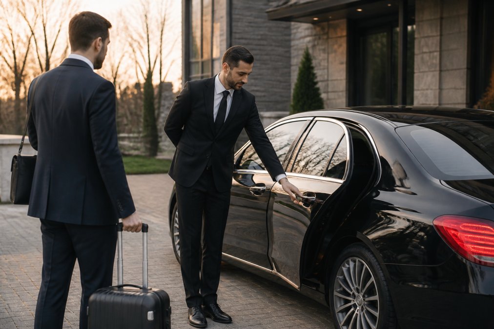 Chauffeur professionnel ouvrant la porte d'une berline pour réserver navette privée aéroport Montréal sur la Rive-Sud.