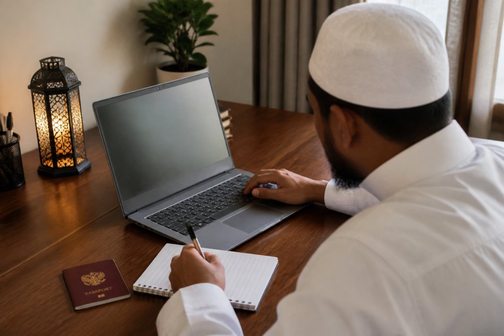 Personne réservant son forfait Hajj 2027 en ligne avec un passeport et un carnet de notes sur un bureau