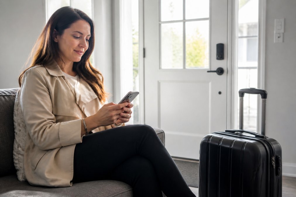 Personne réservant un taxi aéroport 24h sur son smartphone avec sa valise prête près de la porte d'entrée