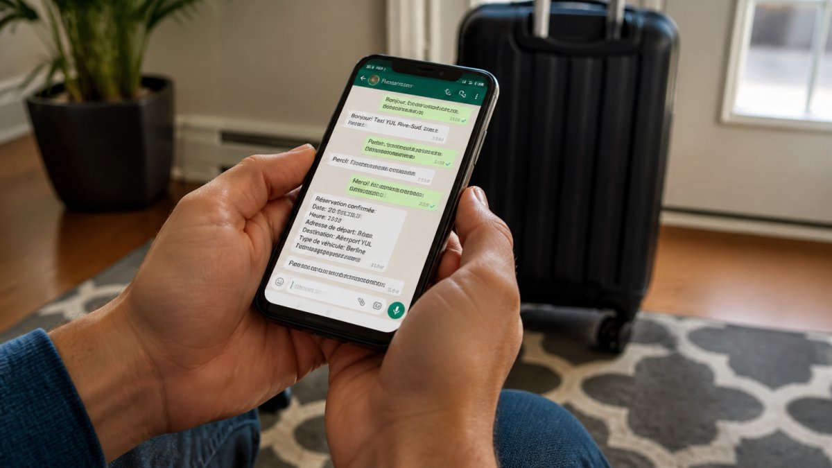 Close-up of a person's hands holding a smartphone displaying a WhatsApp conversation with a taxi booking confirmation, luggage visible in the background near a doorway