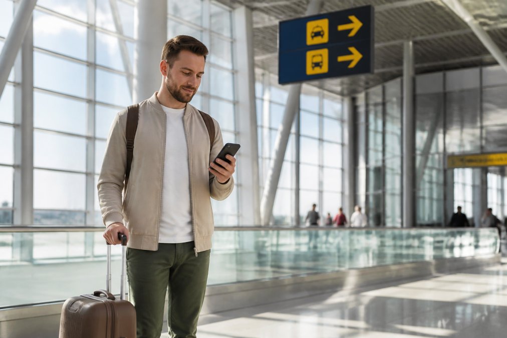 Voyageur avec bagages consultant son téléphone pour la confirmation de réservation taxi à l'aéroport, dans le terminal avec signalisation claire et éclairage naturel
