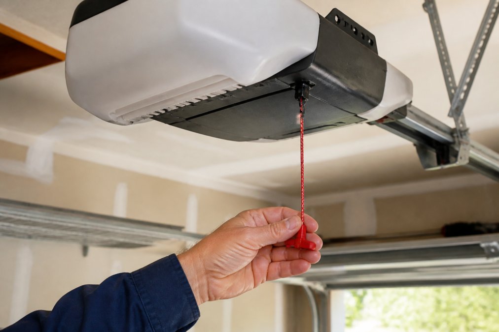 Close-up of a homeowner's hand reaching for the red emergency release cord on a garage door opener motor unit mounted to the ceiling in a residential garage