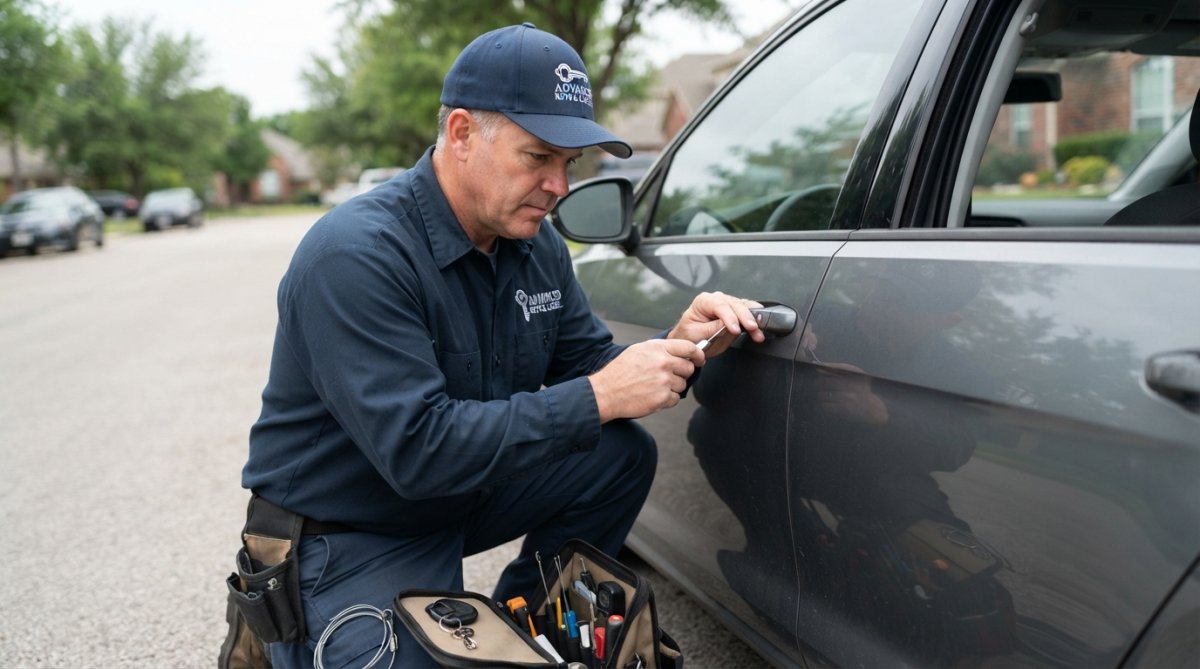 A certified locksmith in work clothes mounting a keypad reader beside a residential front door, with a small tool bag and low-voltage wiring visible on the frame