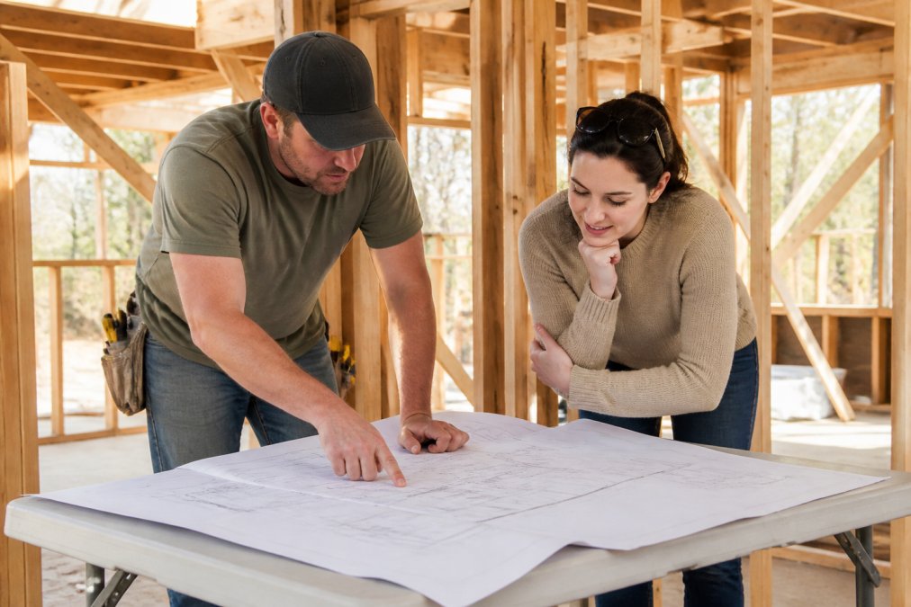 A contractor and homeowner reviewing large architectural blueprints spread across a folding table inside a partially framed home addition, warm natural light filtering through open wood framing studs in the background
