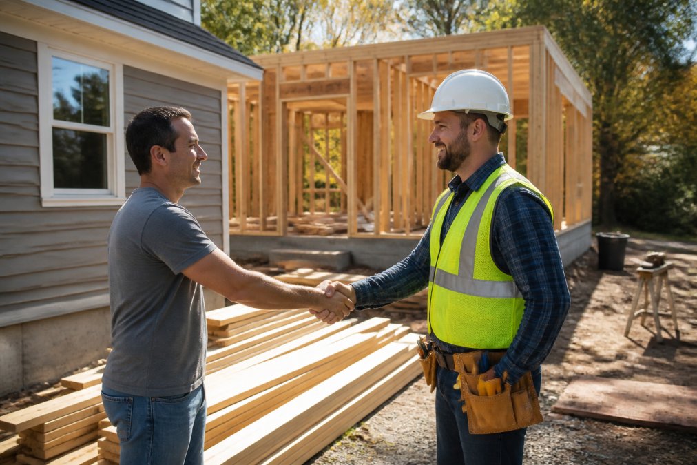 A homeowner in casual clothing shaking hands with a contractor wearing a hard hat and safety vest outside a newly framed residential addition, lumber and construction materials stacked in the background under afternoon sunlight