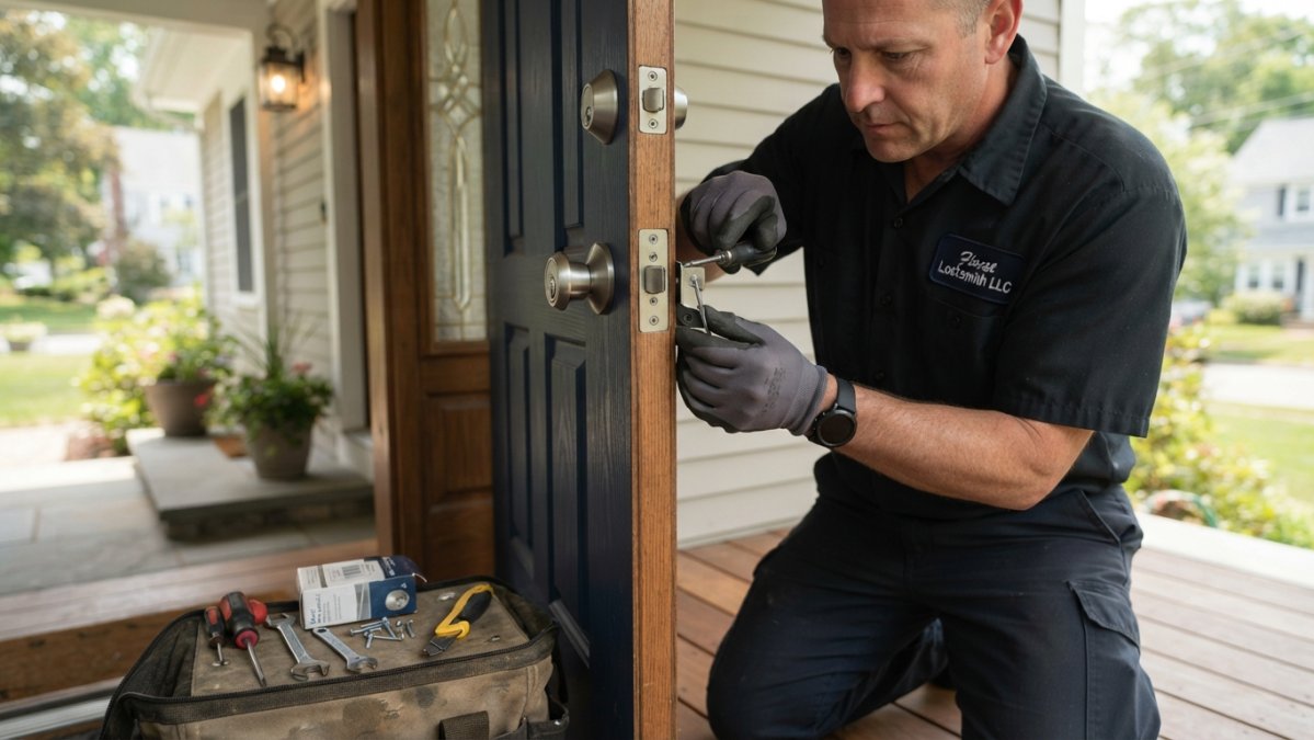 Professional locksmith technician installing a new deadbolt on a residential front door with precision tools, hands visible working with the lock mechanism and door hardware
