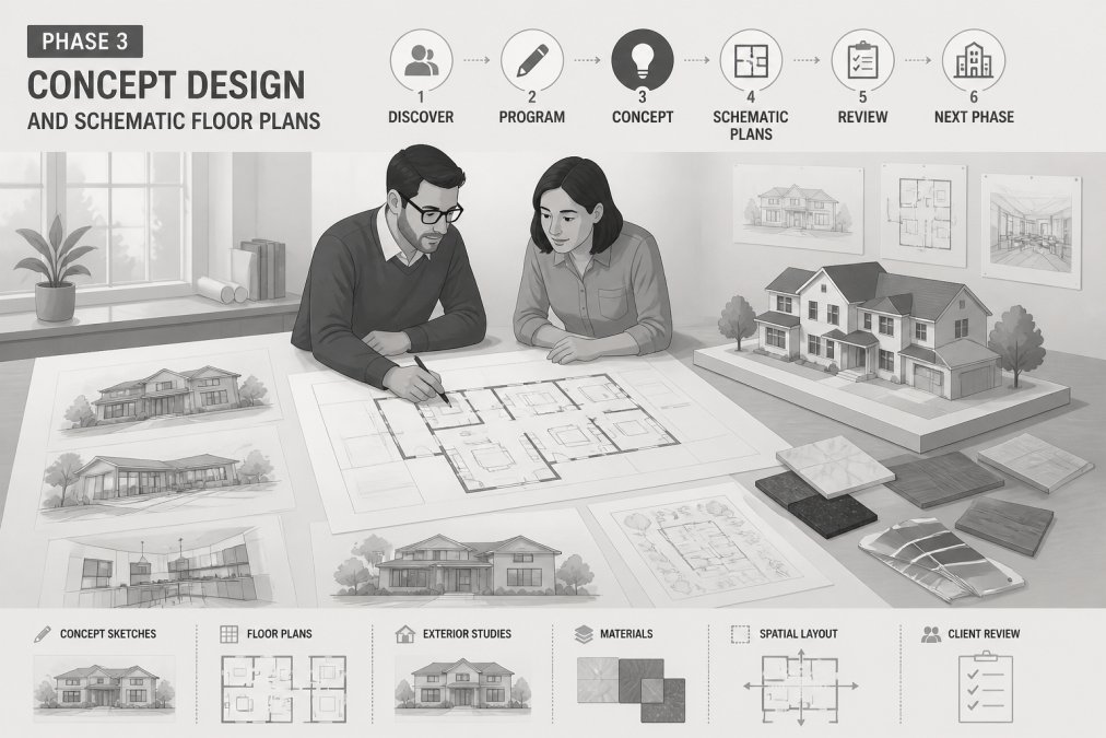 An architect and a homeowner reviewing large-format floor plans and concept sketches spread across a drafting table in a bright studio, with a scale model and material samples nearby