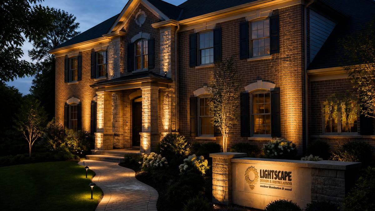 Warm architectural lighting grazing a brick home facade and stone columns at dusk with soft landscape illumination.