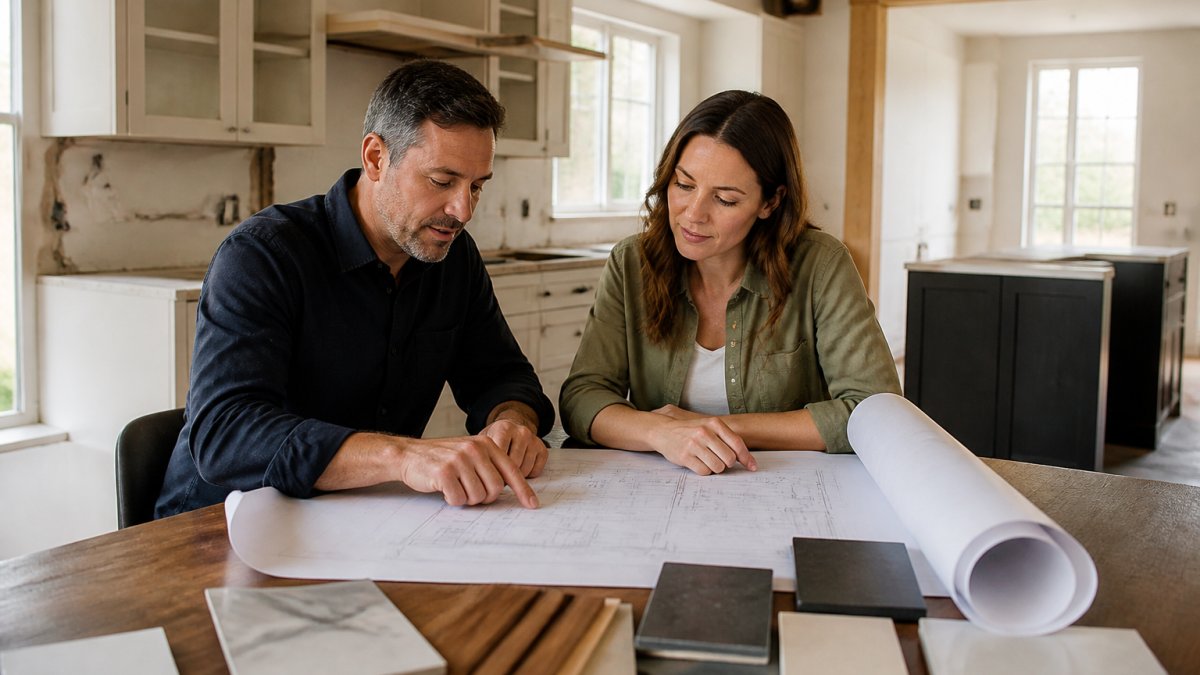 An architect and a homeowner reviewing rolled blueprints and material samples across a kitchen table in a bright, partially renovated home