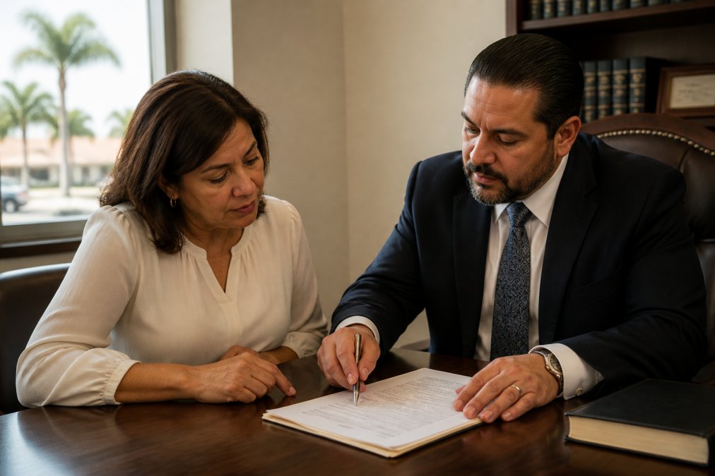 Professional attorney meeting with homeowner at desk in modern law office, reviewing estate planning documents and discussing residential asset protection strategies, with natural lighting from office windows