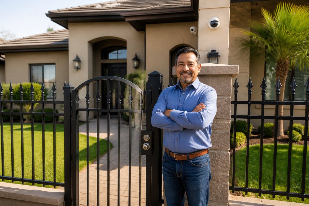 McAllen homeowner standing in front of their residential property with secure metal fencing, modern home security system visible on exterior wall, and well-maintained landscaping in afternoon sunlight
