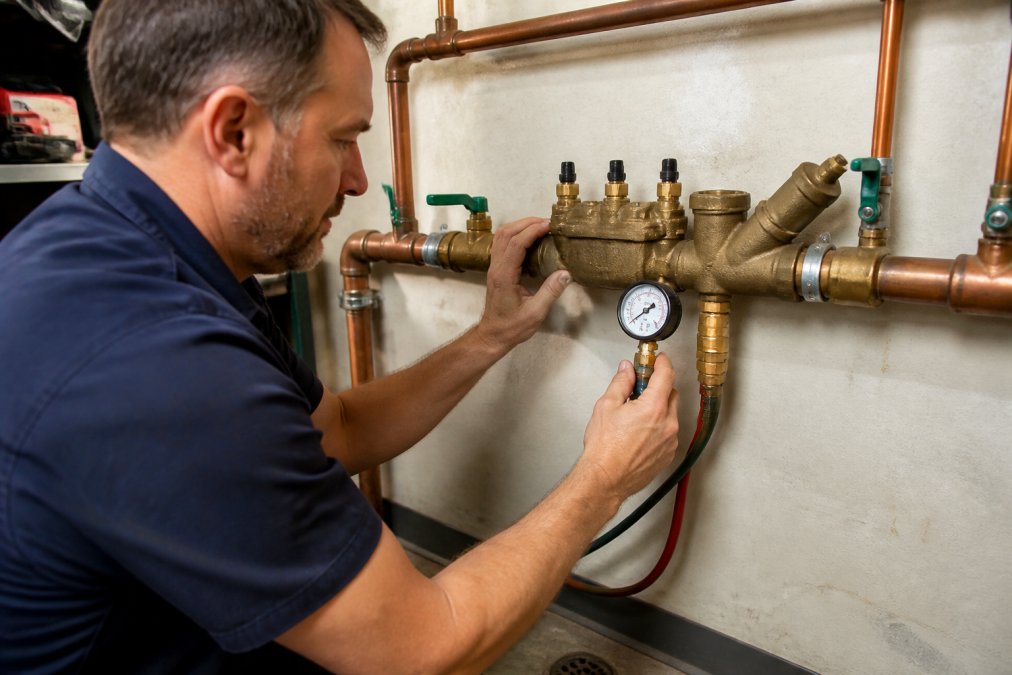 Professional plumber examining a backflow prevention assembly mounted on residential copper plumbing lines, checking valve components with specialized testing gauge in bright workshop lighting