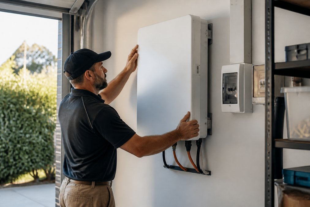 Professional installer mounting a wall-mounted lithium-ion battery unit in a residential garage, checking ventilation clearance and proper electrical connections, with mounting hardware visible