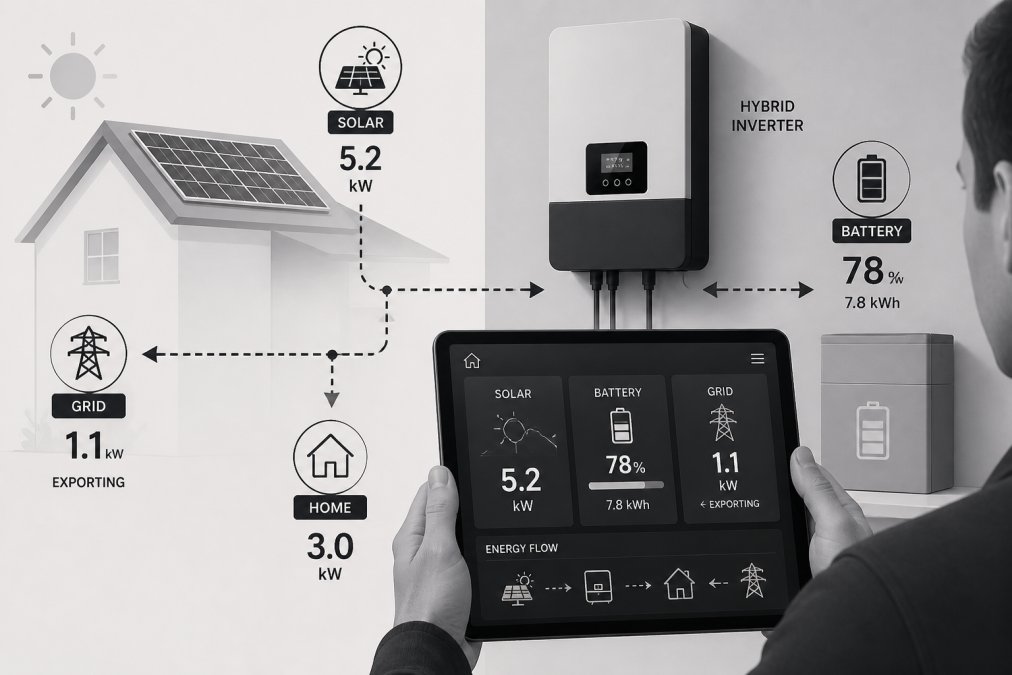 Homeowner viewing real-time energy monitoring dashboard on tablet showing solar generation, battery charge level, and grid import/export data, with modern hybrid inverter visible on wall in background