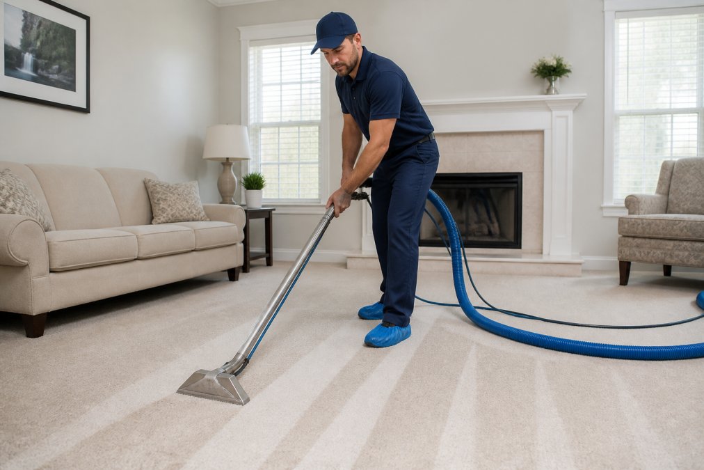 Technician using a hot water extraction wand for residential carpet cleaning in a bright Monroe living room.