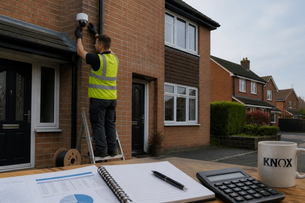 A qualified electrician in a hi-vis vest fitting a white dome CCTV camera to the exterior brick wall of a British semi-detached house, with a small step ladder and cable reel beside him