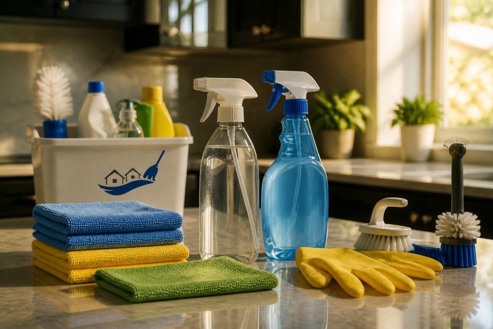 Organized collection of cleaning supplies on a kitchen counter, including microfiber cloths, spray bottles of all-purpose cleaner and disinfectant, rubber gloves, and cleaning brushes neatly arranged in rows with natural morning light