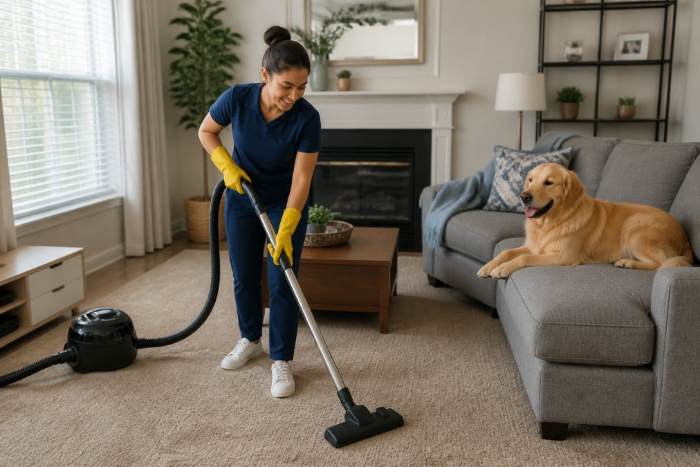 Professional cleaner vacuuming living room carpet while a golden retriever sits nearby on a couch, demonstrating pet-friendly cleaning in action