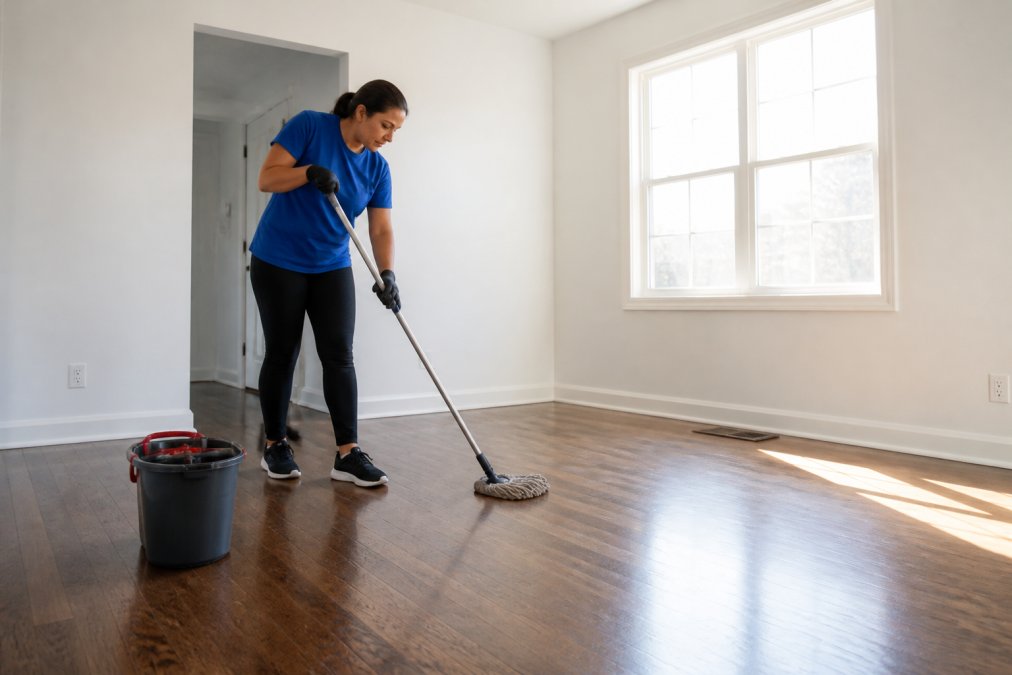 A professional cleaner mopping a bare hardwood floor in an empty residential room, freshly painted white walls, a bucket and mop nearby, bright afternoon light coming through a large uncovered window