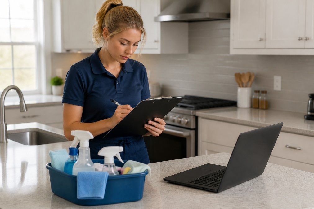 A professional cleaner in a bright kitchen reviewing a written estimate on a clipboard, with a laptop open on the counter showing a pricing calculator