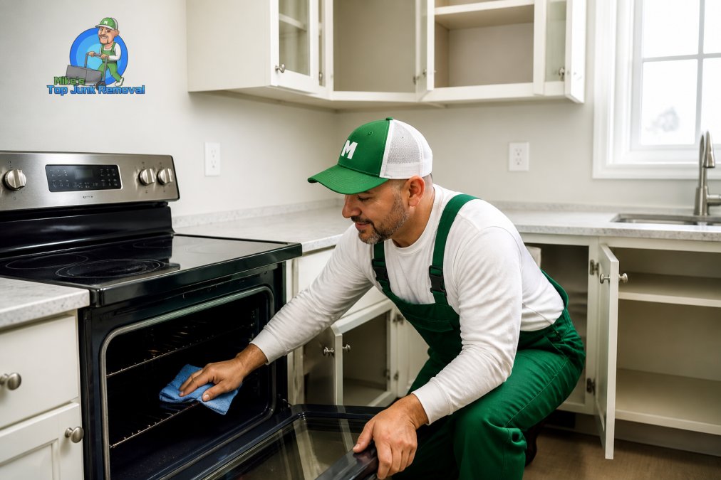 Professional demonstrating residential cleanout checklist technique by wiping down oven interior and stovetop with microfiber cloth in bright, empty kitchen with open cabinets