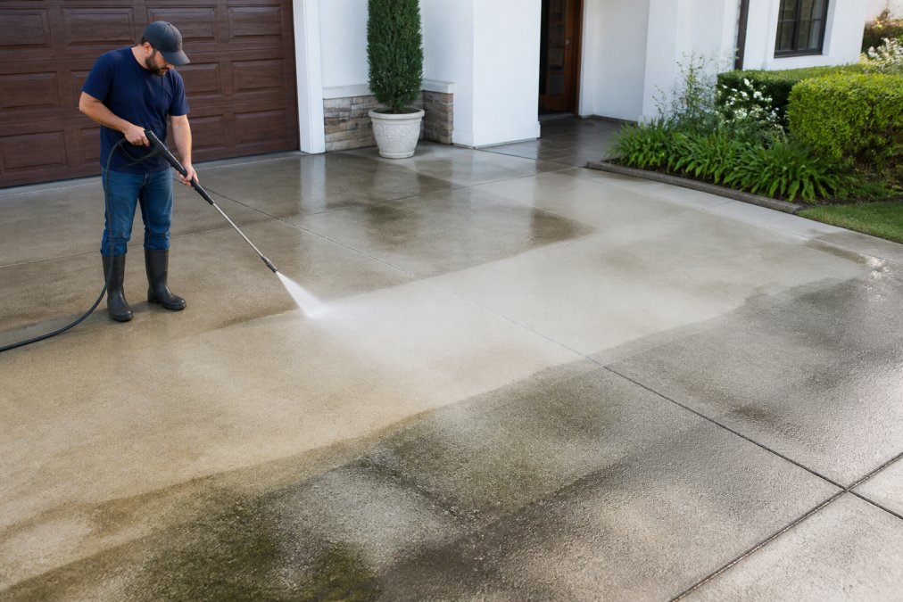 Professional pressure washing technician spraying high-pressure water stream across residential concrete driveway on bright morning, removing visible grime and dark stains from surface