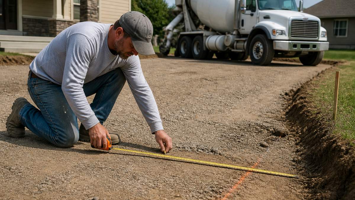 Professional contractor measuring residential driveway dimensions with tape measure and marking chalk lines on ground, with concrete truck visible in background