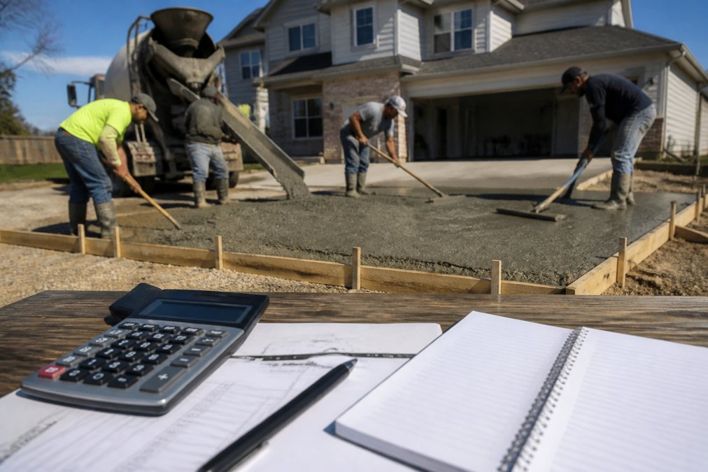 A crew of contractors in work boots pouring and screeding fresh concrete for a residential driveway, wooden forms in place and a two-story home in the background under bright afternoon sun