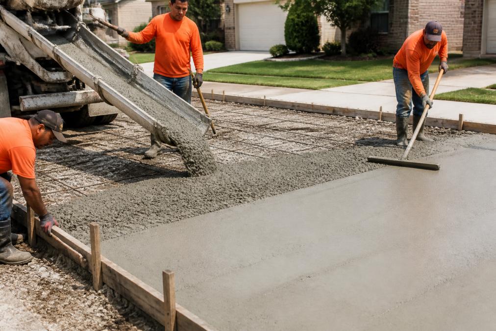 Construction workers pouring concrete into prepared driveway forms, smoothing and finishing the surface with specialized tools under daylight conditions