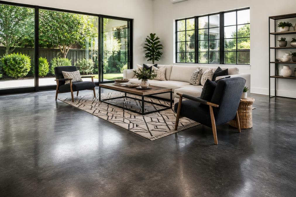 Bright residential living room with polished concrete floor in dark matte finish, modern furniture with geometric patterns, and natural light streaming through large windows overlooking a garden