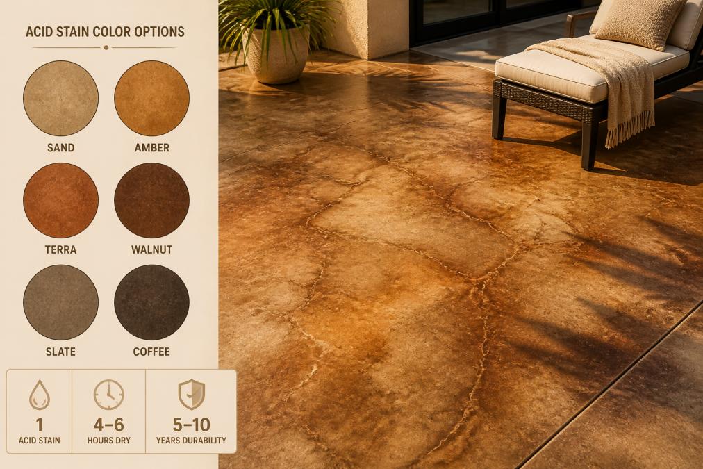 Close-up of concrete patio floor with acid-stained finish showing rich earth tones and natural marbled patterns, warm afternoon sunlight highlighting the texture, lounge chair visible in corner
