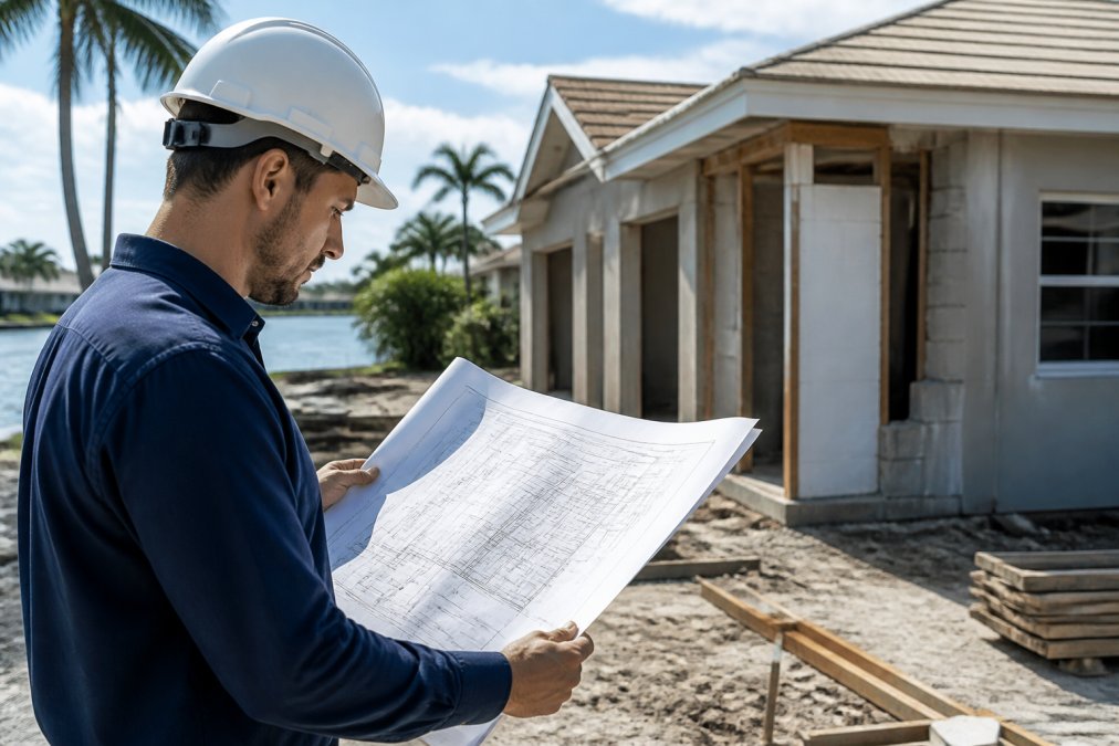 Professional engineer reviewing structural drawings and site plans at a residential construction site with home visible in background