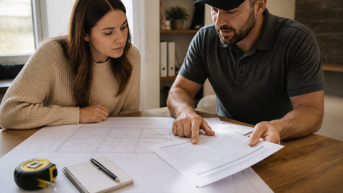 Contractor and homeowner reviewing blueprints and residential construction project pricing documents at a table