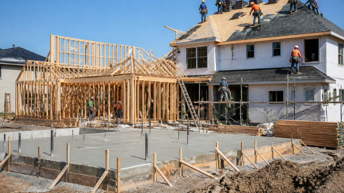 Construction site showing multiple phases in progress with foundation concrete work, wooden framing structure partially erected, and workers installing roofing materials and windows on different levels of a residential home under clear sky
